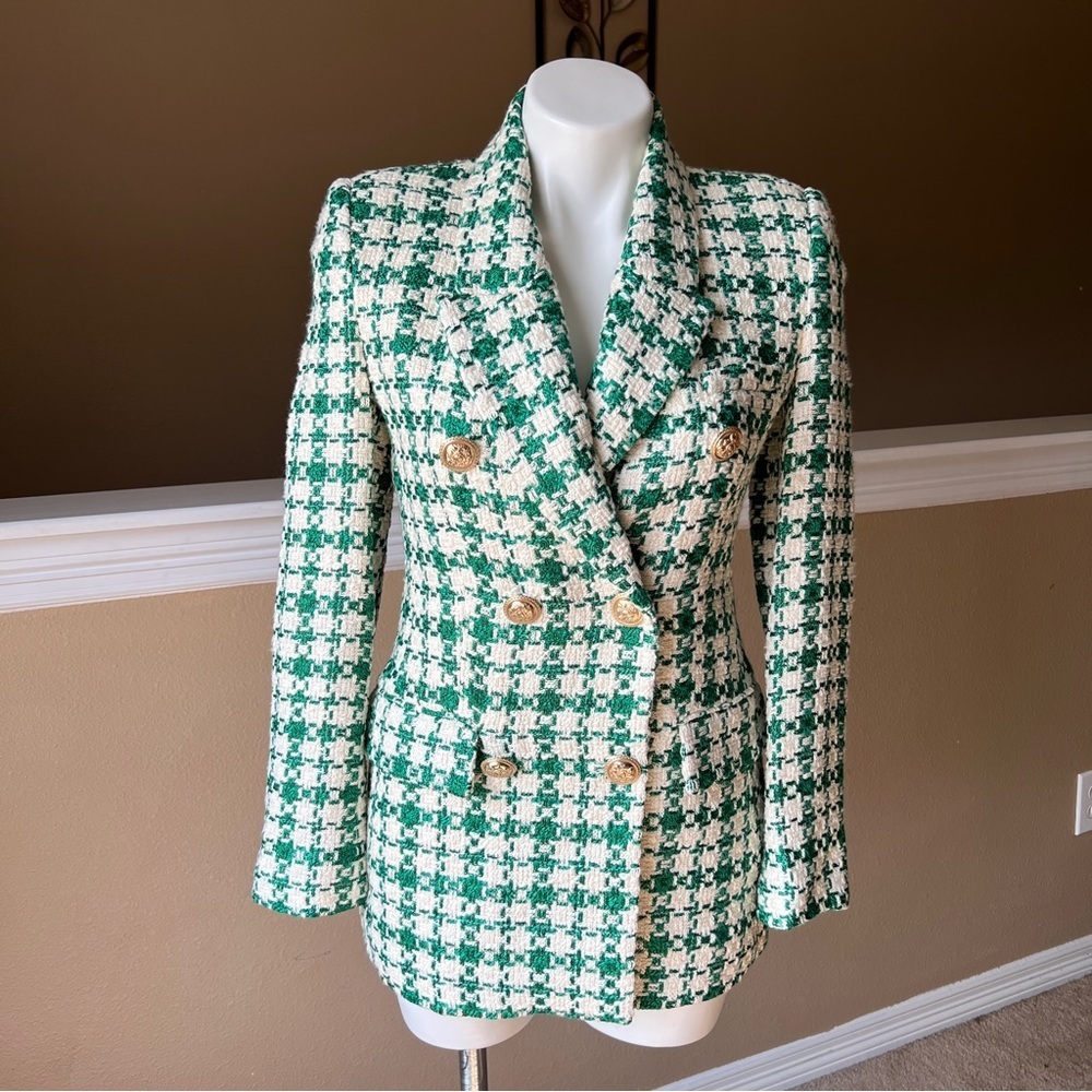 ZARA DOUBLE BREASTED TEXTURED WEAVE JACKET GREEN | 2387/510